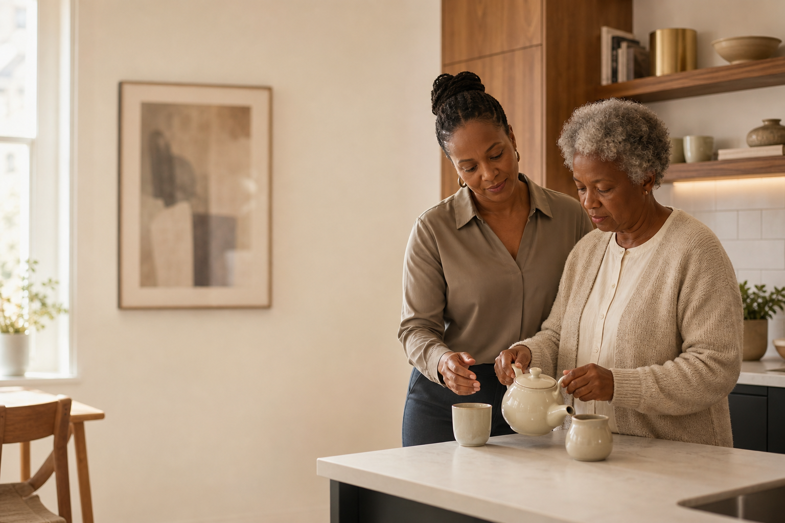 Occupational therapist supporting an older adult with a meaningful kitchen activity at home.