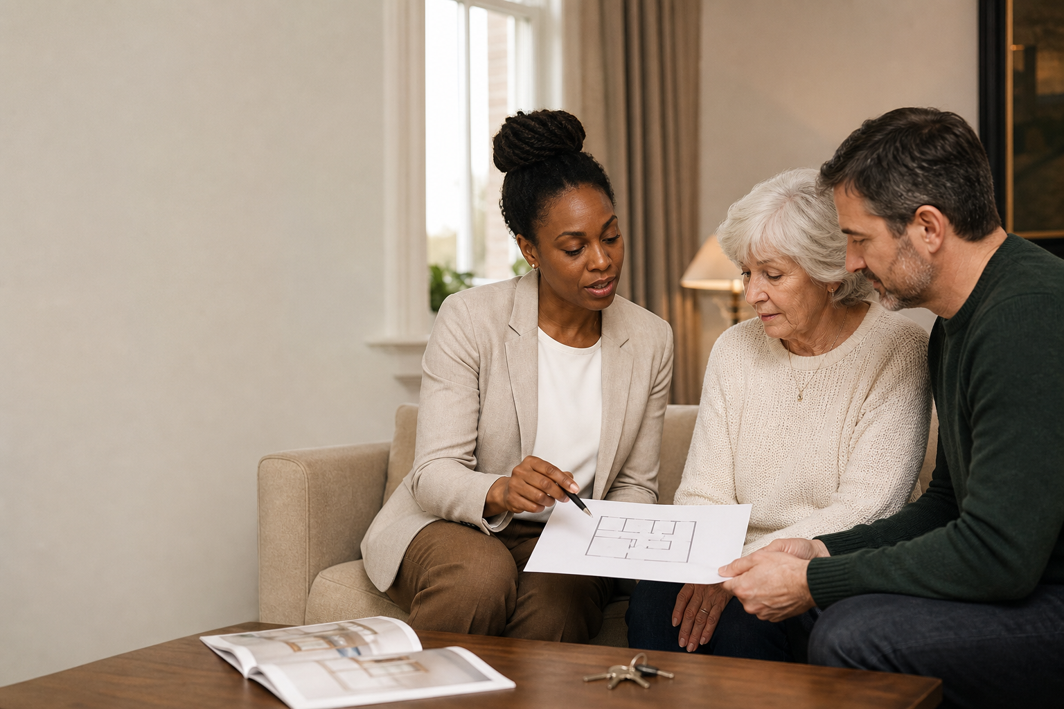 Occupational therapist reviewing a home floor plan with an older adult and family member.