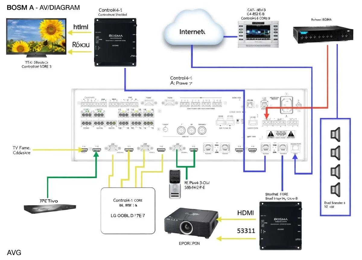A diagram of an AV system setup displaying various components and connections for audio and video. It includes a television, a BOSMA control box, a router connected to the internet, a projector, an amplifier, speakers, a remote control, and various cables connecting the devices.