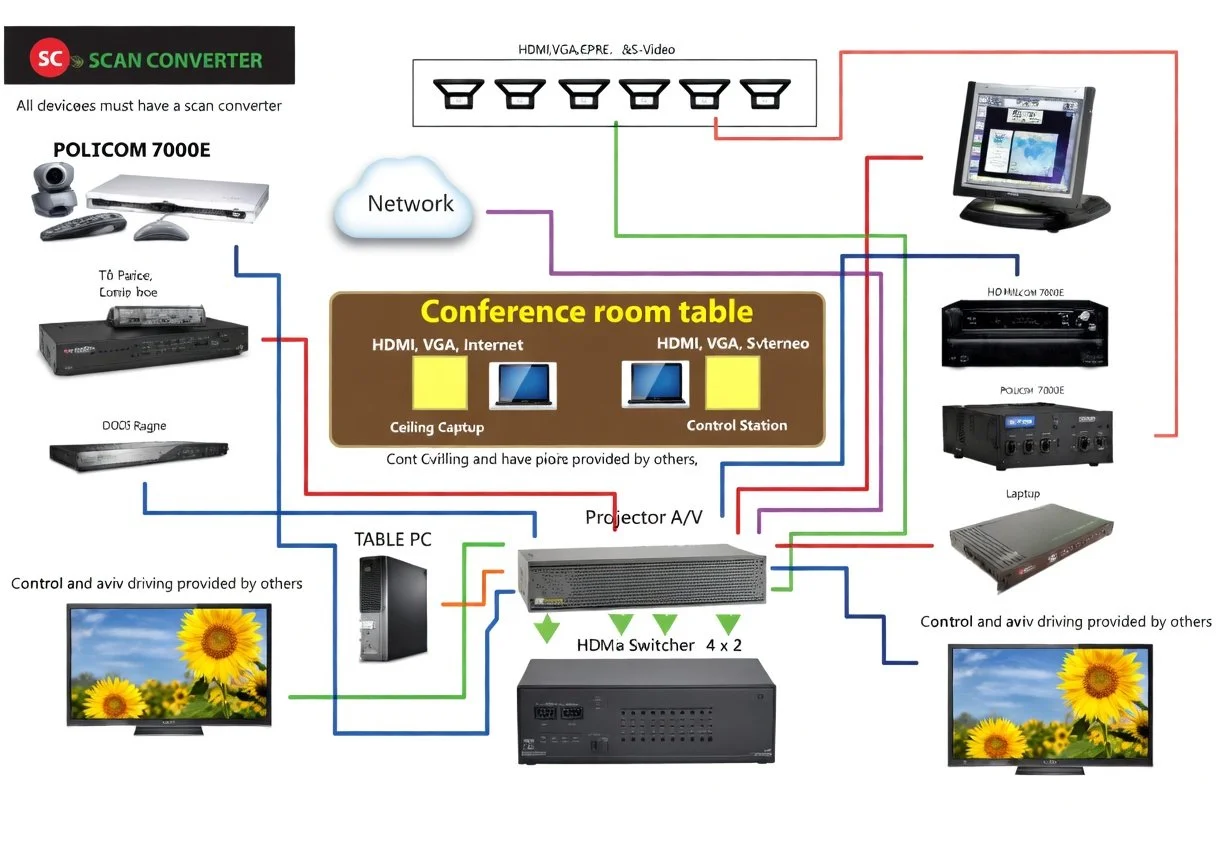 Diagram showing a conference room AV setup with various devices connected through an HDMI switcher, including computers, projectors, monitors, and control systems.