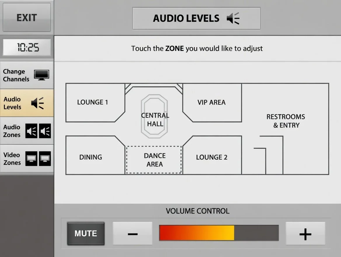 A touchscreen control panel for audio levels at a venue, showing different zones such as lounge, VIP area, dance area, dining, and restrooms. The panel also has options to adjust volume and mute.