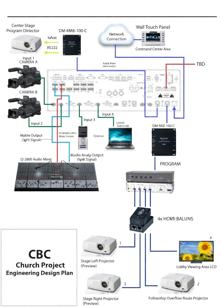 A detailed engineering design plan for a church audiovisual system, showing connections between projectors, cameras, control units, audio mixer, display monitors, and networking components.