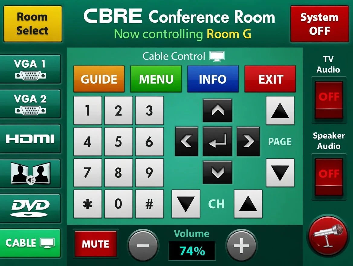 Digital control panel for a conference room system displaying various buttons, input options, and status indicators for controlling audiovisual equipment in a conference room.