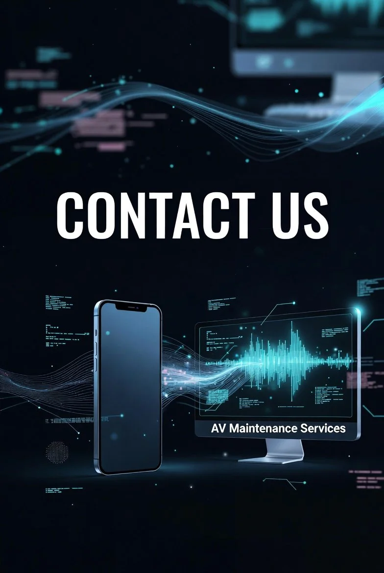 Digital graphic with a smartphone, a computer monitor displaying sound waves, and the words "Contact Us" and "AV Maintenance Services" in a dark, tech-themed background.