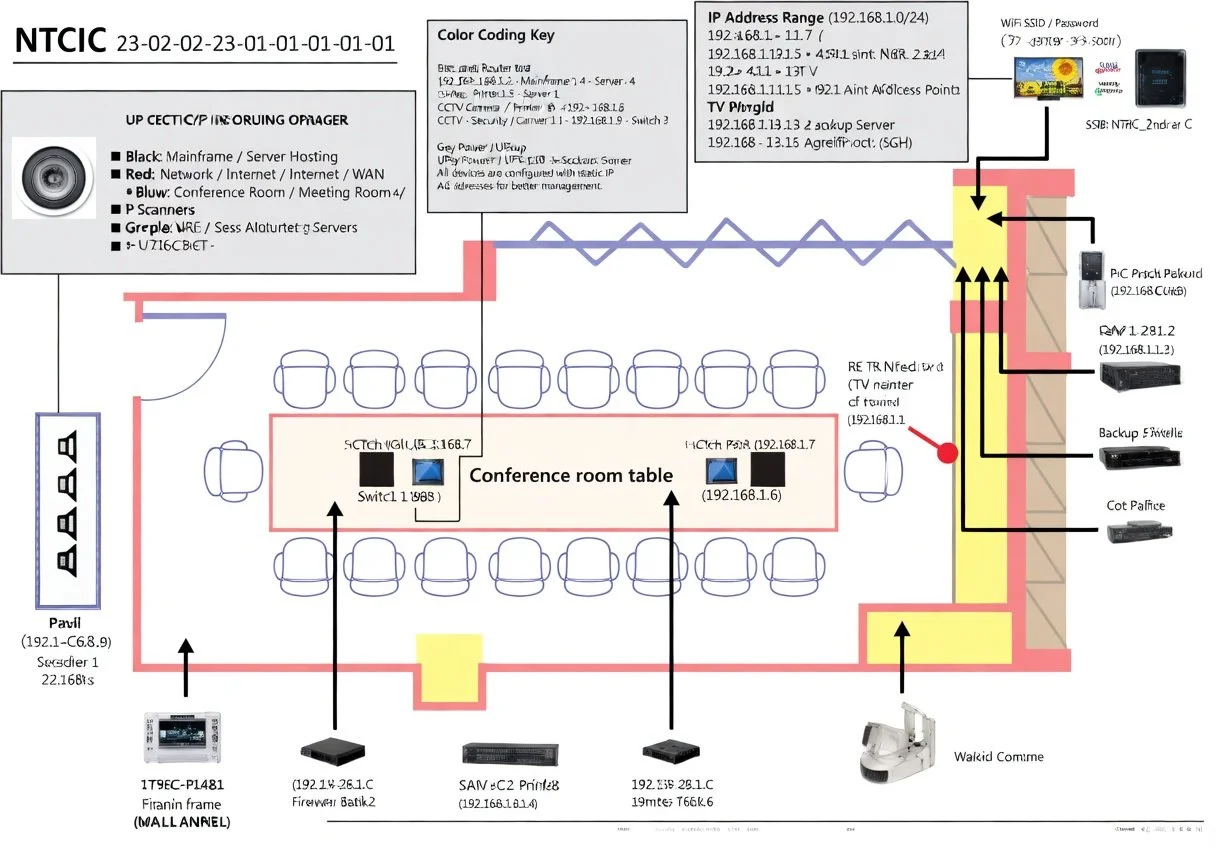 Diagram of an office conference room setup with various electronic devices, network connections, and color coding key.