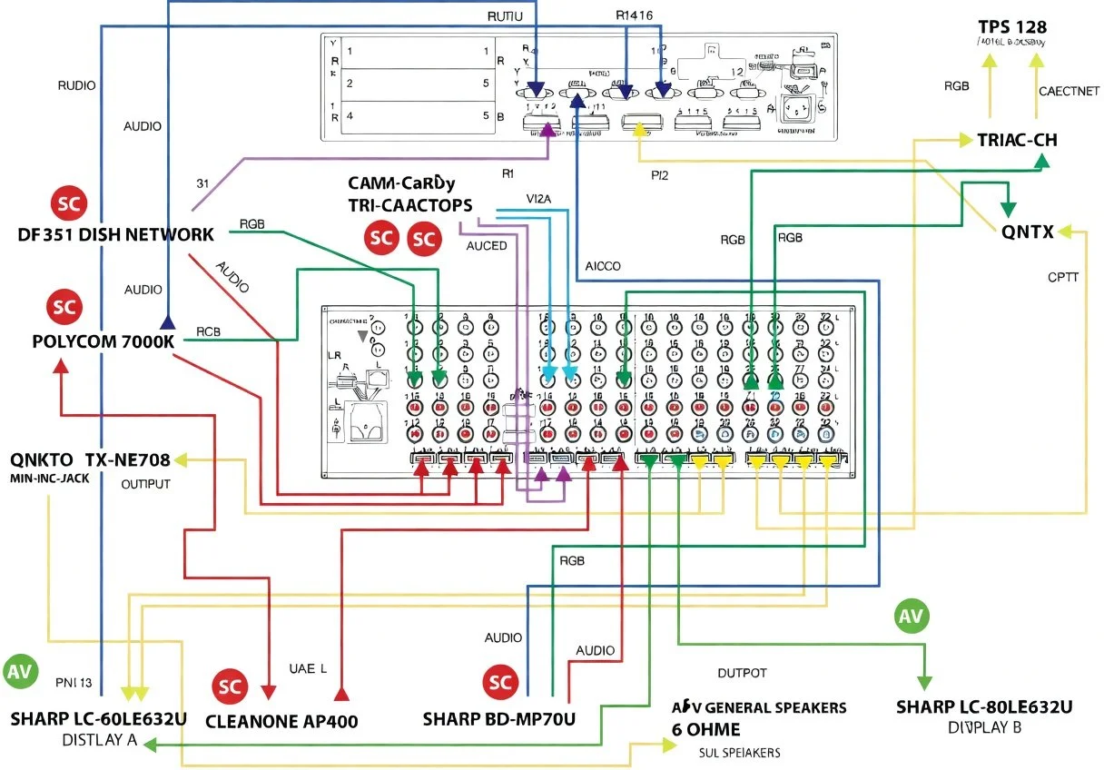 A detailed electronic wiring diagram for a technical audio and video system setup, including components like amplifiers, speakers, networking devices, and various connecting cables and ports.