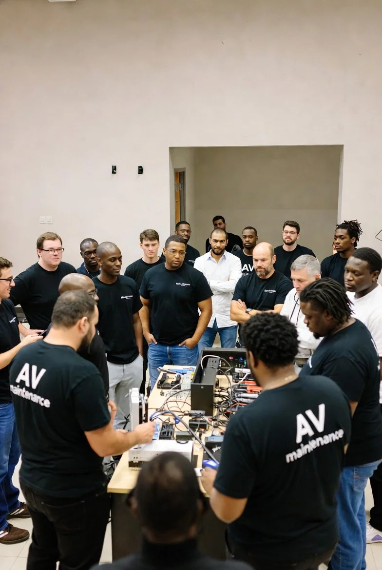 Group of people gathered around a table with electronic equipment, some wearing black t-shirts with 'AV maintenance' printed on the back, in an indoor setting.