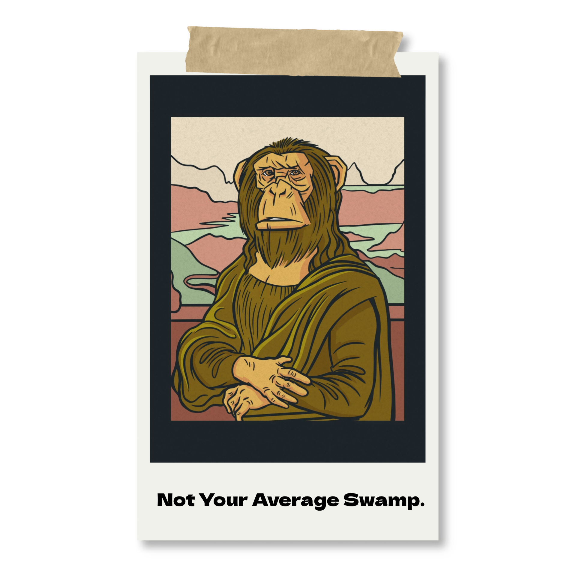 Illustration of a monkey with human features, styled like the Mona Lisa, with text below reading "Not Your Average Swamp."