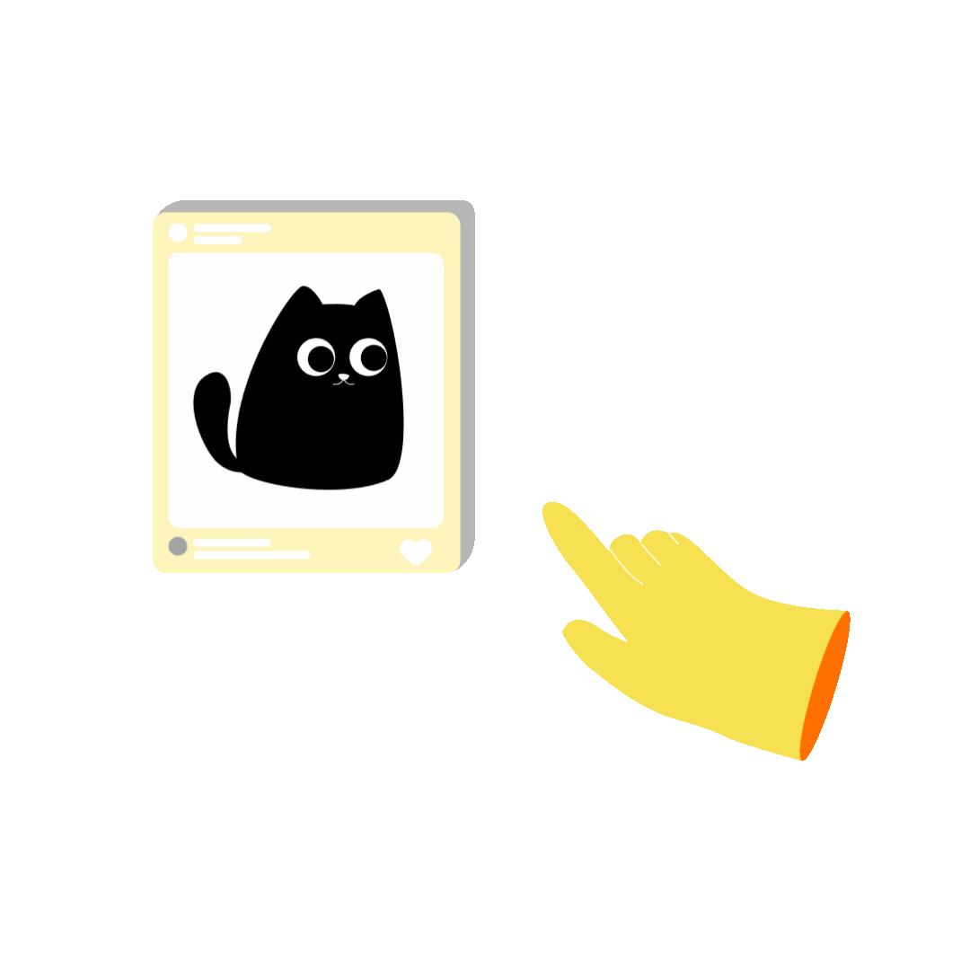 A yellow gloved hand pointing at a social media post featuring a black cartoon cat with big eyes.