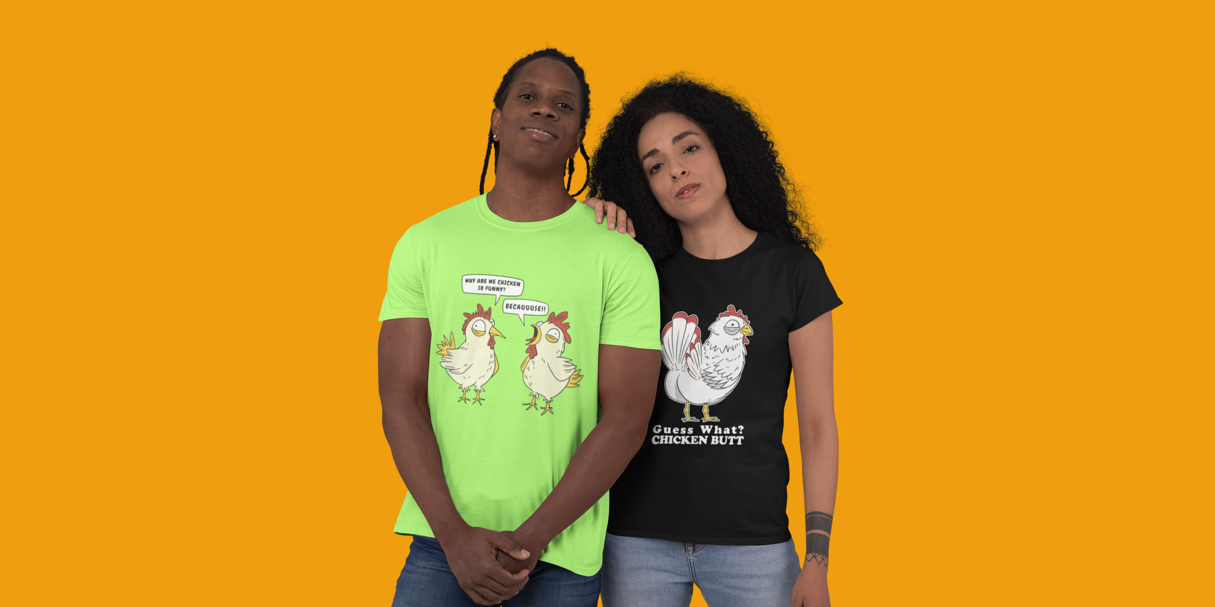 A man and a woman standing close together against an orange background, holding hands, wearing graphic t-shirts with chicken illustrations and humorous captions.