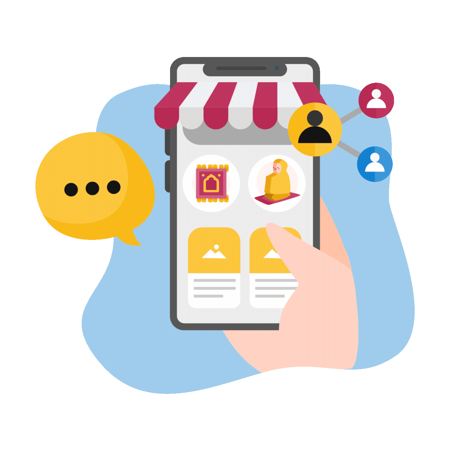 Digital illustration of a person using a smartphone to browse an online store with a storefront awning, and icons representing social media connections and communication.