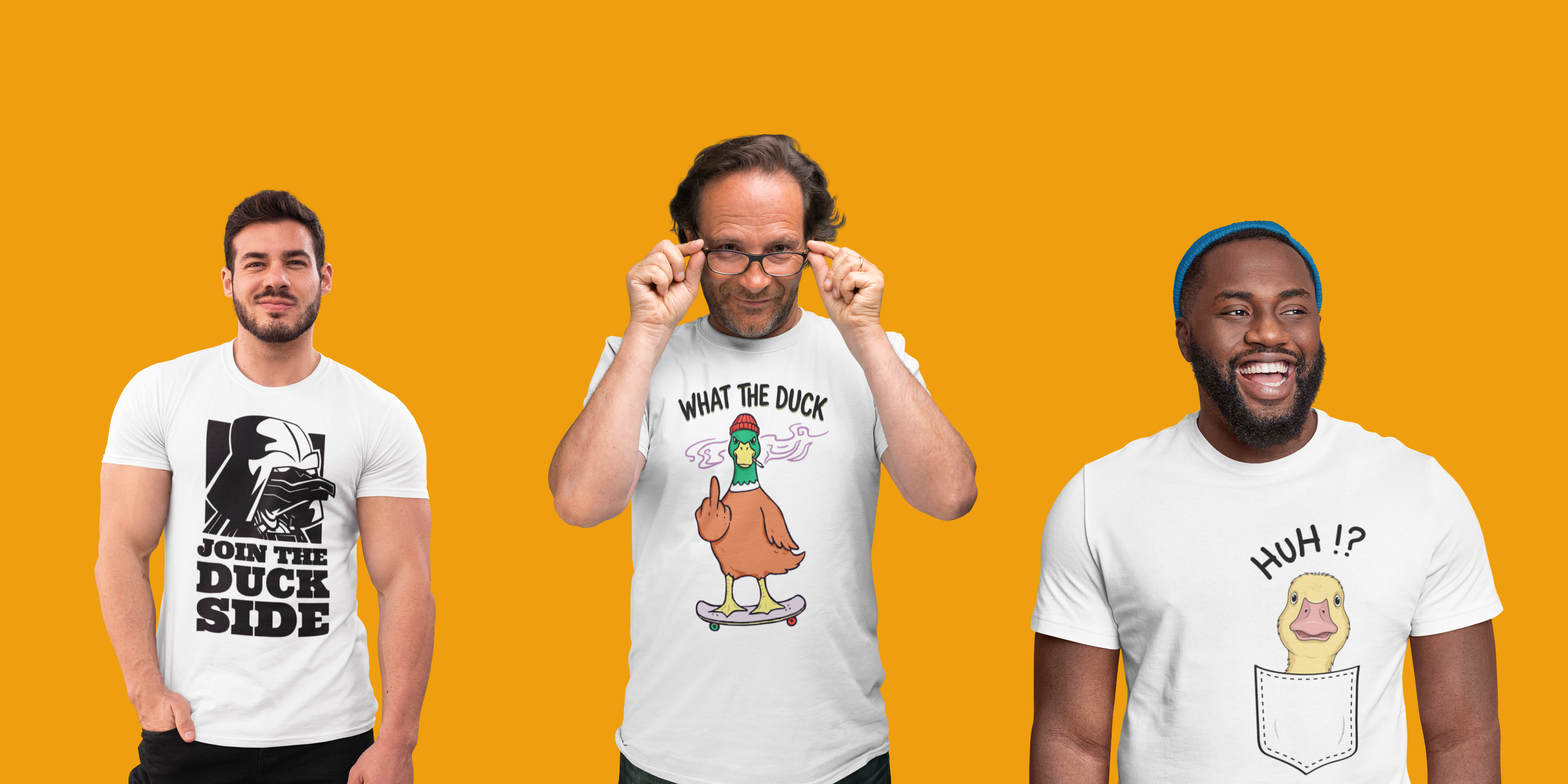Three men wearing graphic t-shirts with humorous animal designs and slogans, standing against an orange background.