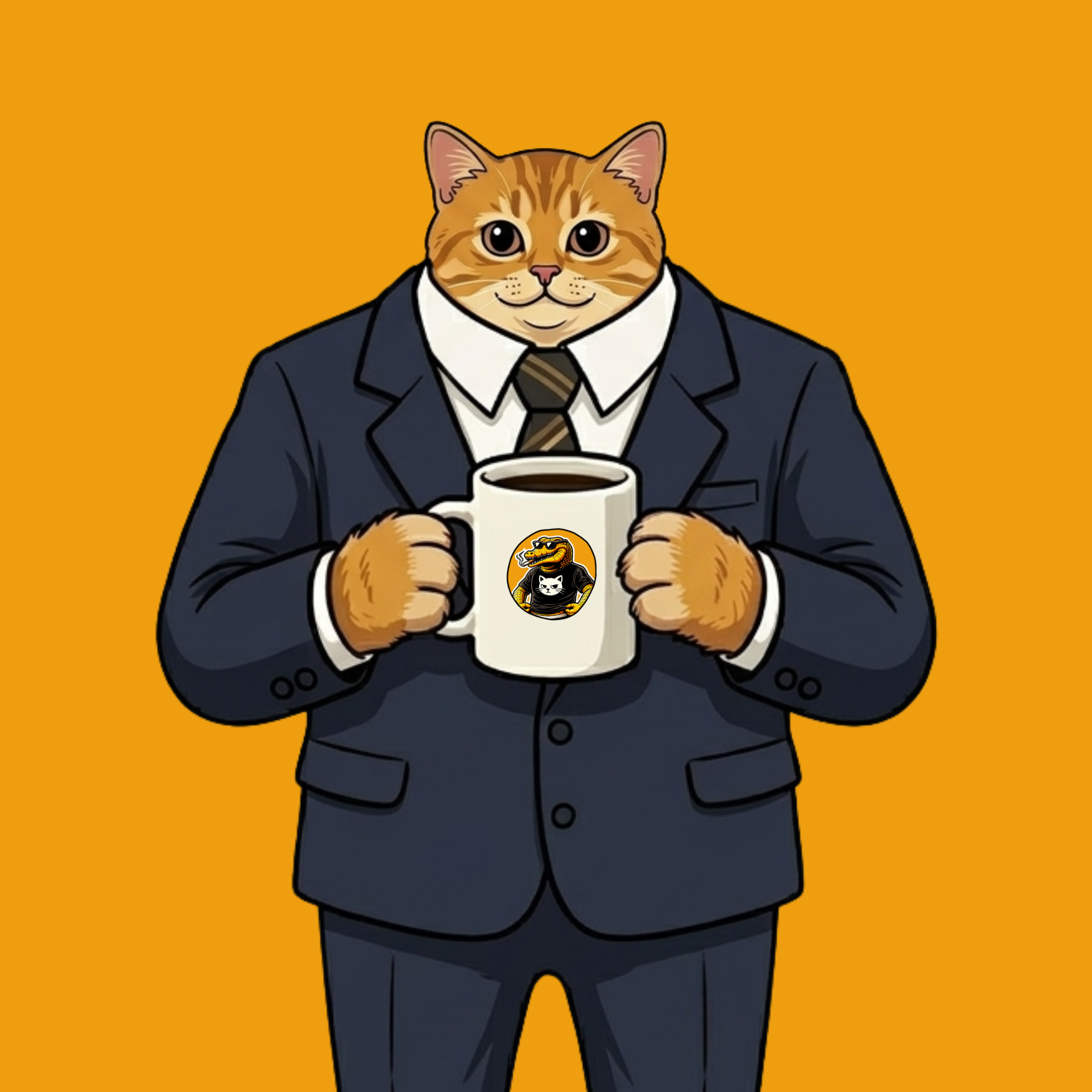 Illustration of a cat in a business suit holding a coffee mug with a logo of a cartoon dinosaur and a cat on it, against an orange background.