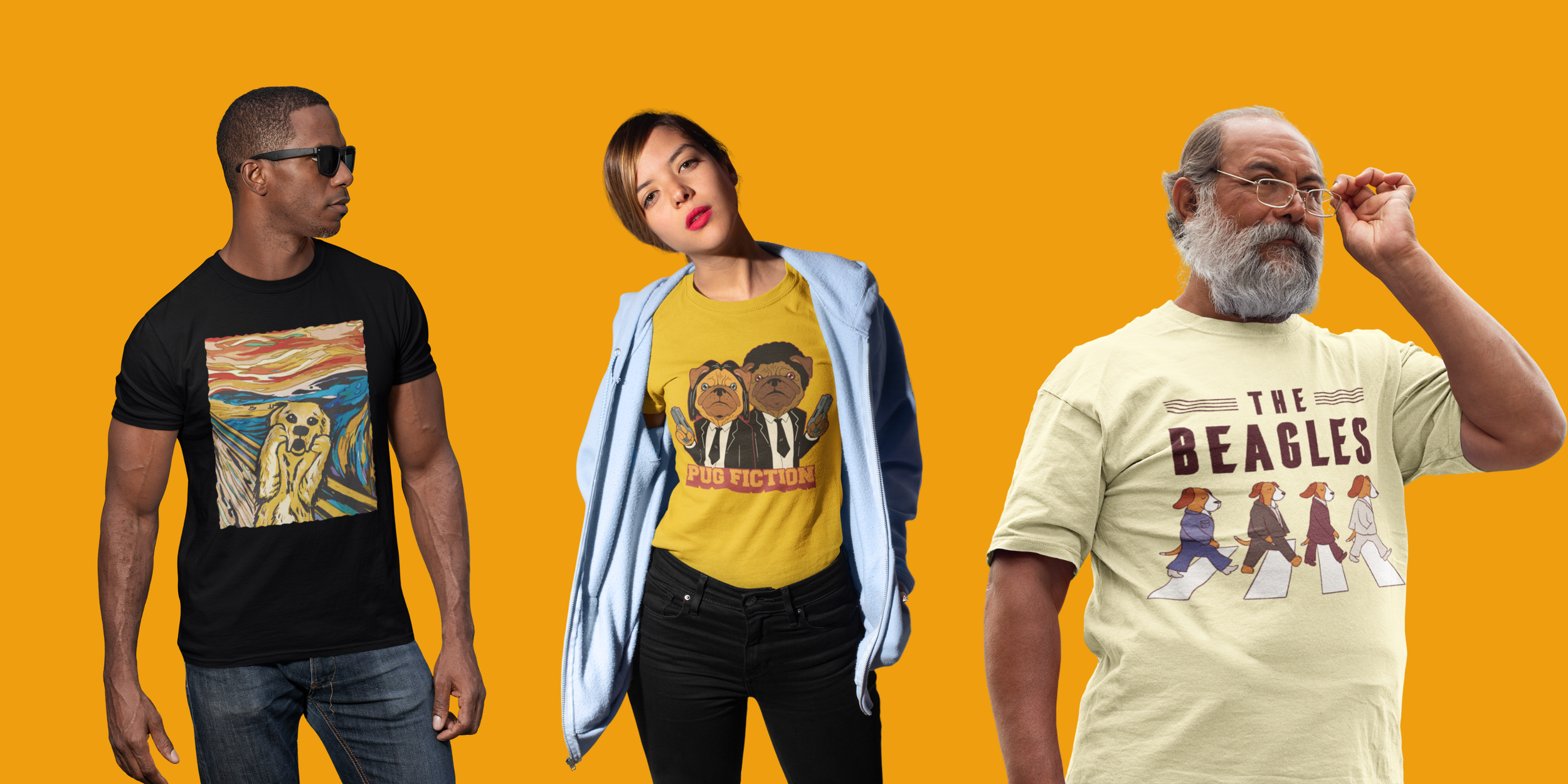 Three people standing against an orange background, wearing T-shirts featuring pop culture references. The person on the left is a man with sunglasses and a black T-shirt with a colorful dog illustration. The woman in the middle has short hair, a yellow T-shirt with animated dog characters, and a blue hoodie. The person on the right is an older man with glasses and a gray beard, wearing a yellow T-shirt with the Beatles' Abbey Road album cover.