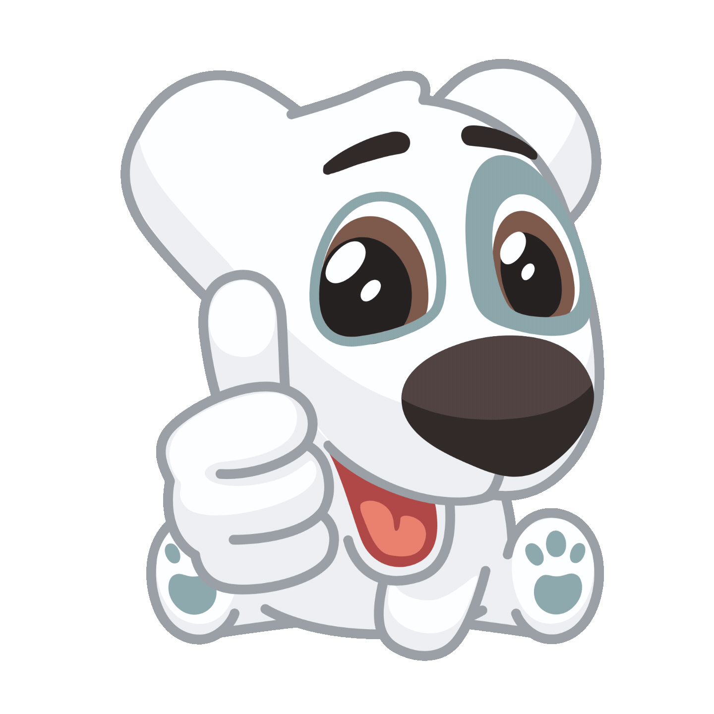 Cartoon white puppy with large brown eyes, giving a thumbs up, with an open mouth and happy expression, on a brown background.