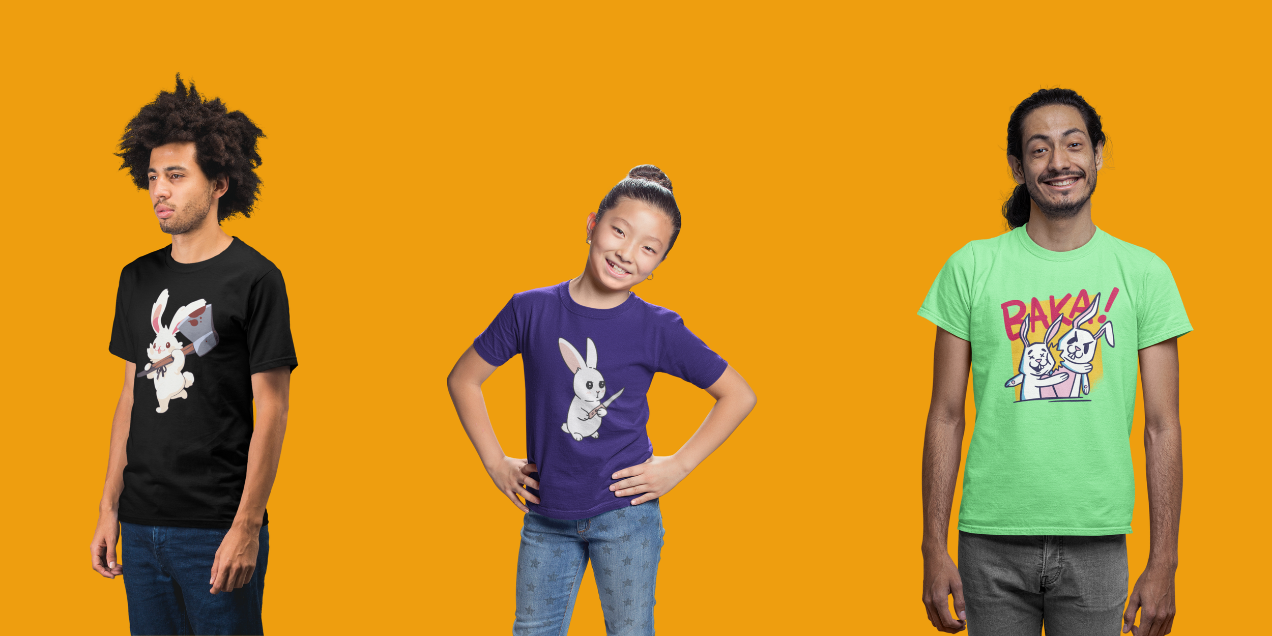 Three people standing against an orange background, each wearing a T-shirt with a cartoon bunny design. The person on the left has curly hair and a black T-shirt with a bunny holding a paintbrush. The person in the middle has a ponytail and a purple T-shirt with a bunny holding a knife. The person on the right has long black hair in a ponytail and a green T-shirt with two bunnies and the word 'BAM!'