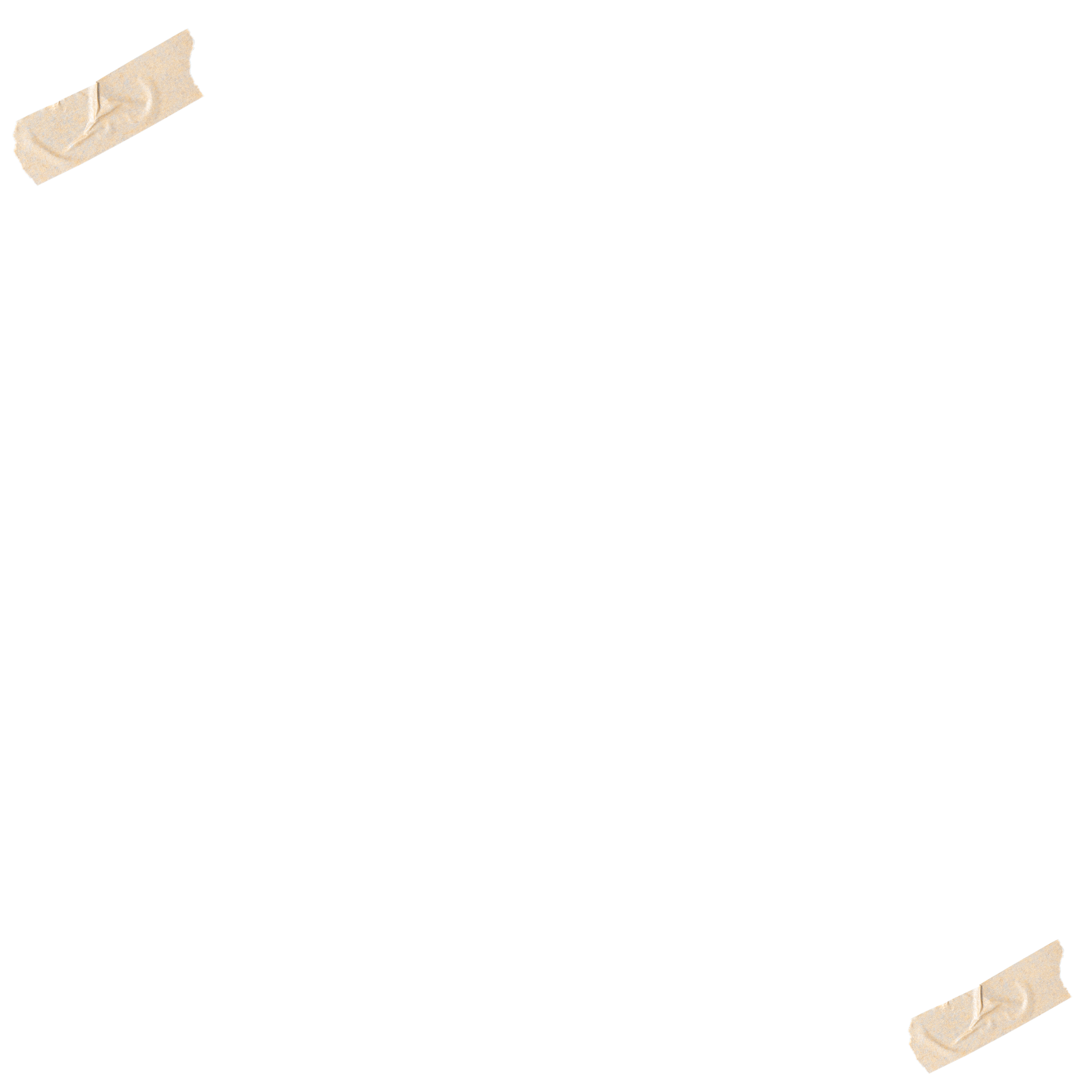 Blank white page with brown tape pieces on top-left and bottom-right corners.