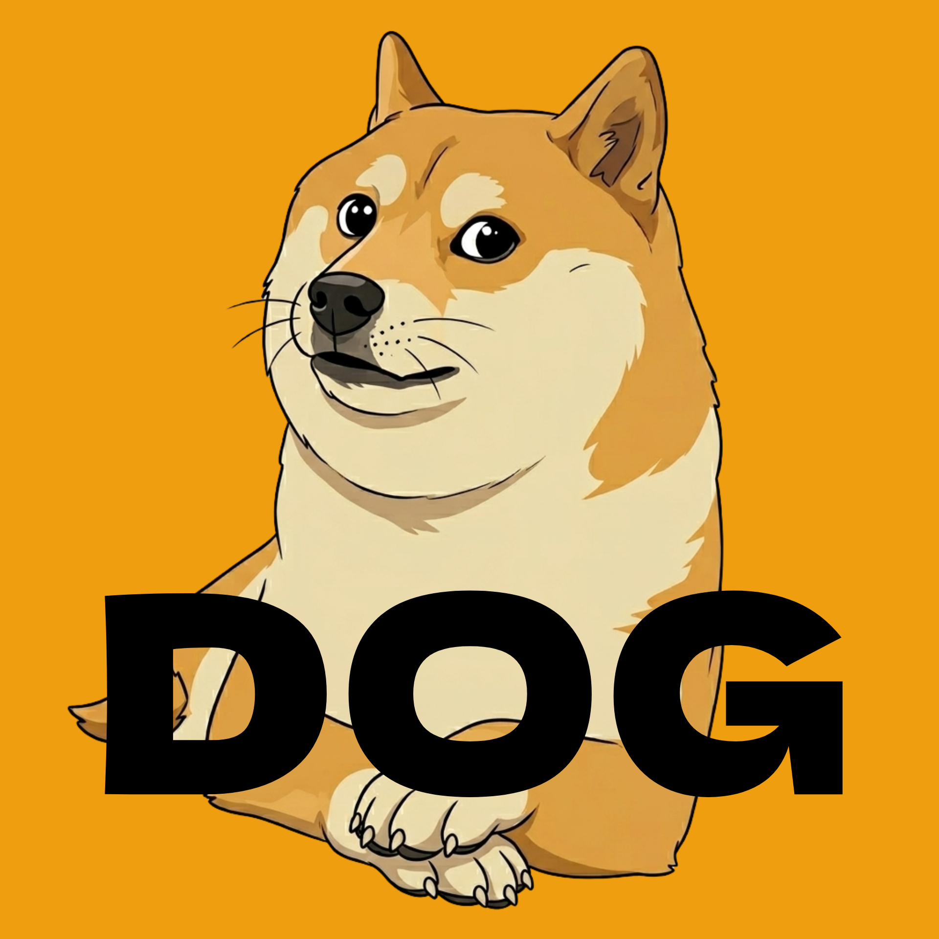 An illustration of a Shiba Inu dog with a mischievous expression, set against an orange background with the word 'DOG' in bold black letters at the bottom.