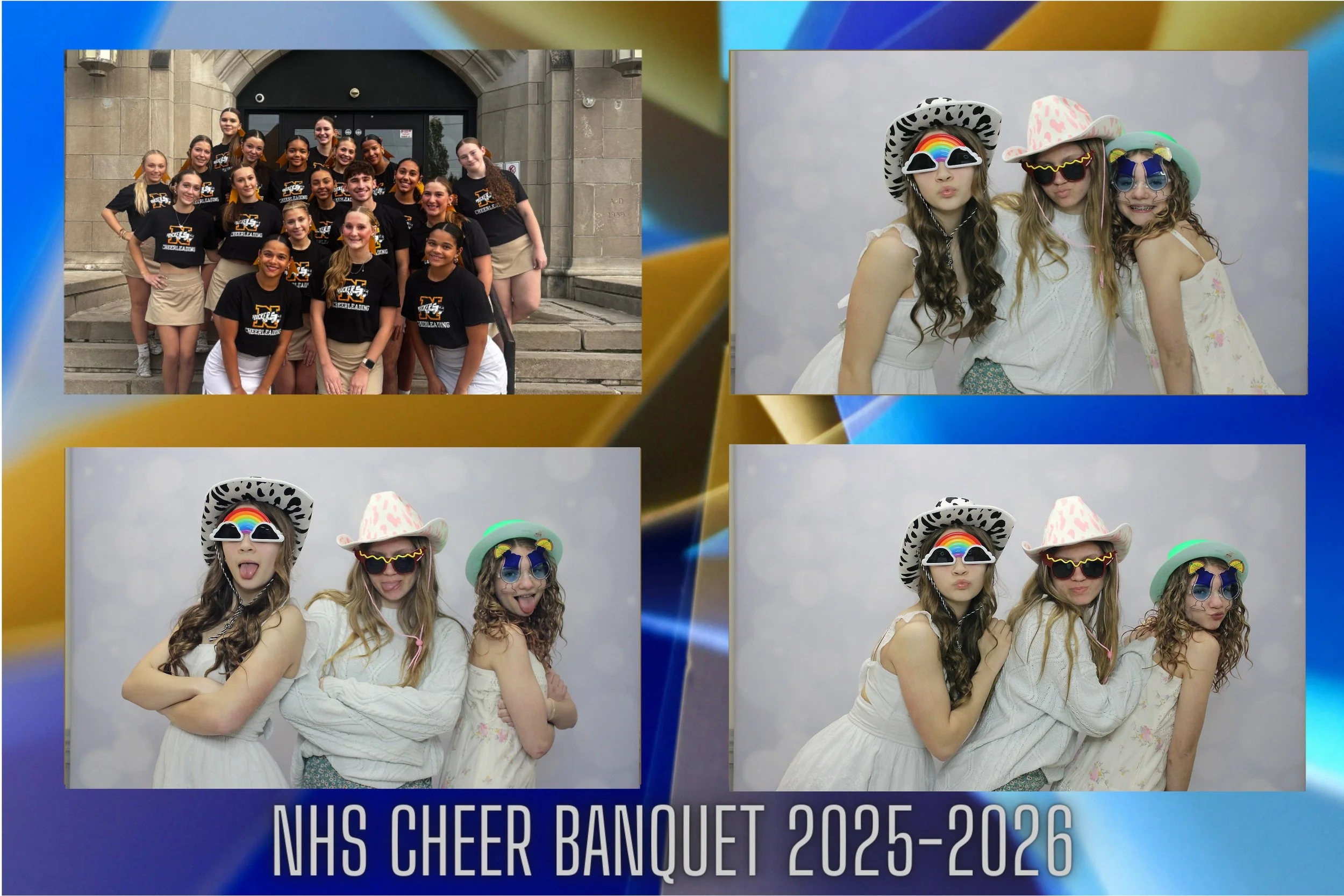 A collage of four photos from the NHS Cheer Banquet 2025-2026. The top left photo shows a large group of cheerleaders in black shirts and beige skirts standing outside a building. The other three photos show three girls in white dresses wearing funny hats and sunglasses, making playful poses in a photo booth with a cloudy background. The text at the bottom reads "NHS CHEER BANQUET 2025-2026."