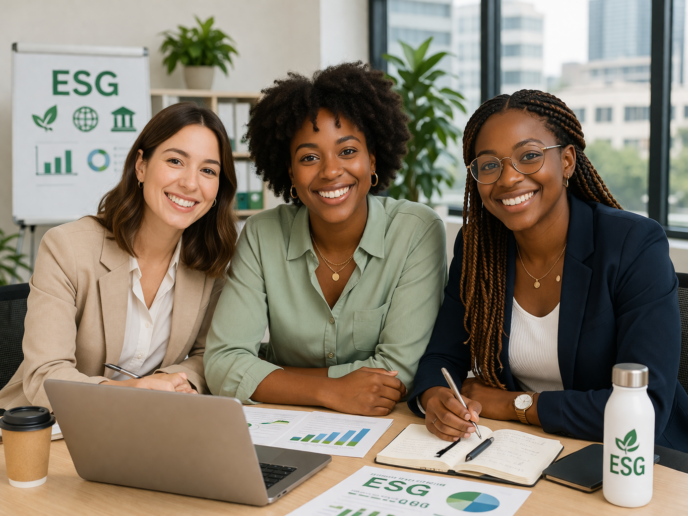 Trois femmes d'affaires souriantes assises à une table avec un ordinateur portable, des documents et une bouteille d'eau portant l'inscription ESG, dans un bureau avec des fenêtres et un tableau d'affichage ESG en arrière-plan.