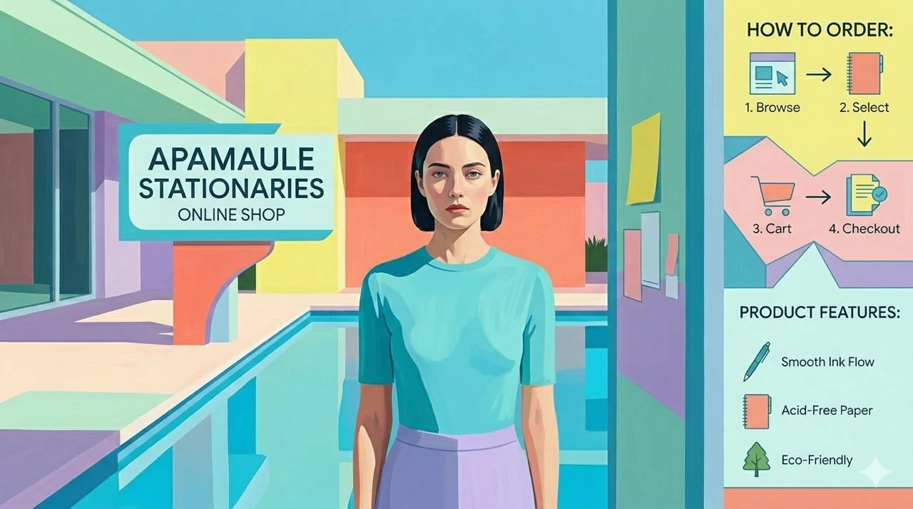 Illustration of a woman standing in front of a vibrant, colorful background with an Aparamule Stationaries online shop sign. On the right side, steps for ordering are shown, including browsing, selecting, carting, and checkout. Below, product features such as smooth ink flow, acid-free paper, and eco-friendly materials are listed with icons.