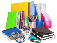 Office supplies including notebooks, binders, pens, a calculator, and a pencil holder.
