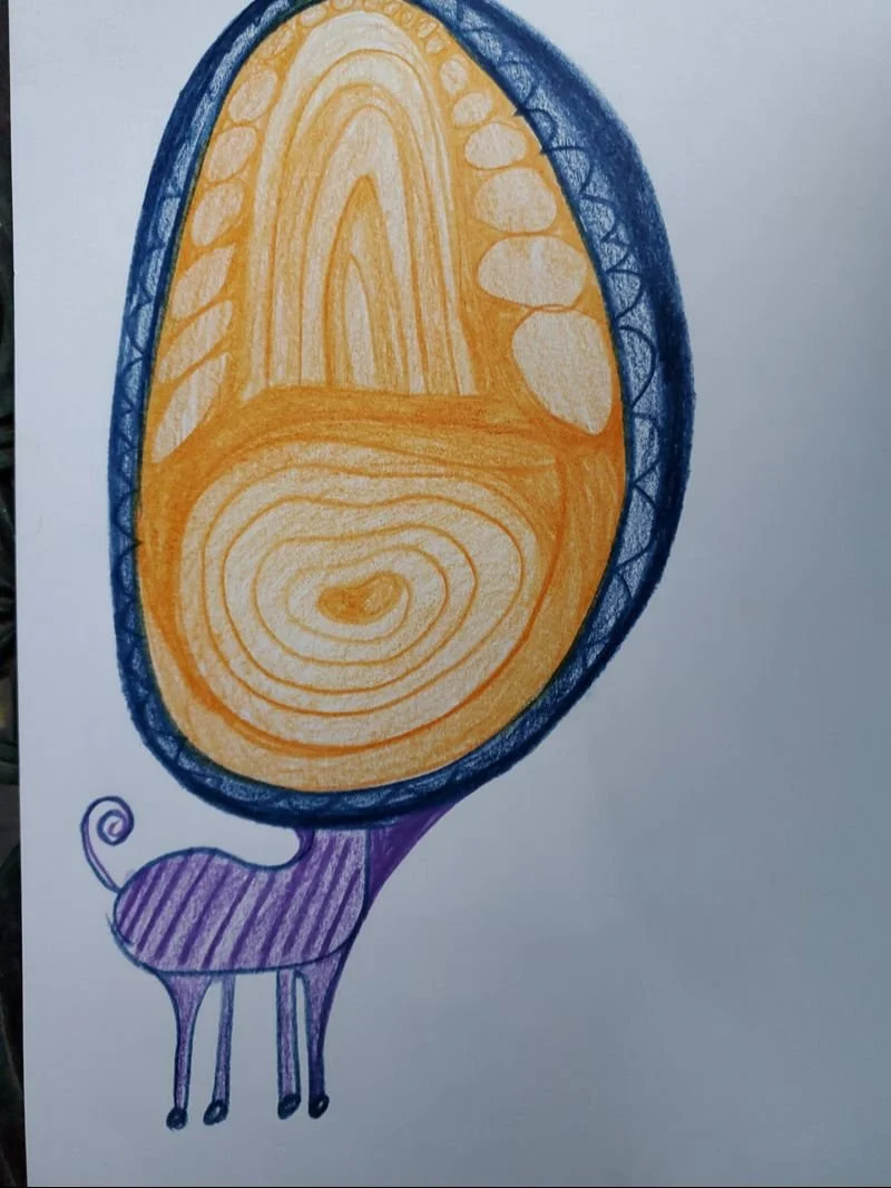 My Thing I named Alice and represents the aura I get during a migraine headache, which sometimes makes you feel like you’re in Alice in Wonderland and your head feels too big for your body. My auras are very strange, the first time I had one I though