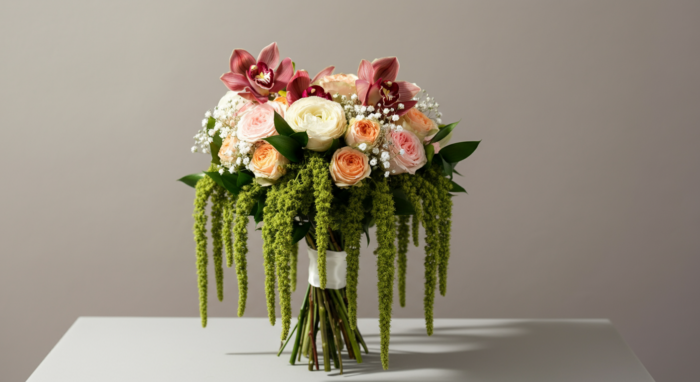 A bouquet of pink, white, and peach roses, orchids, and greenery on a white table against a neutral background.