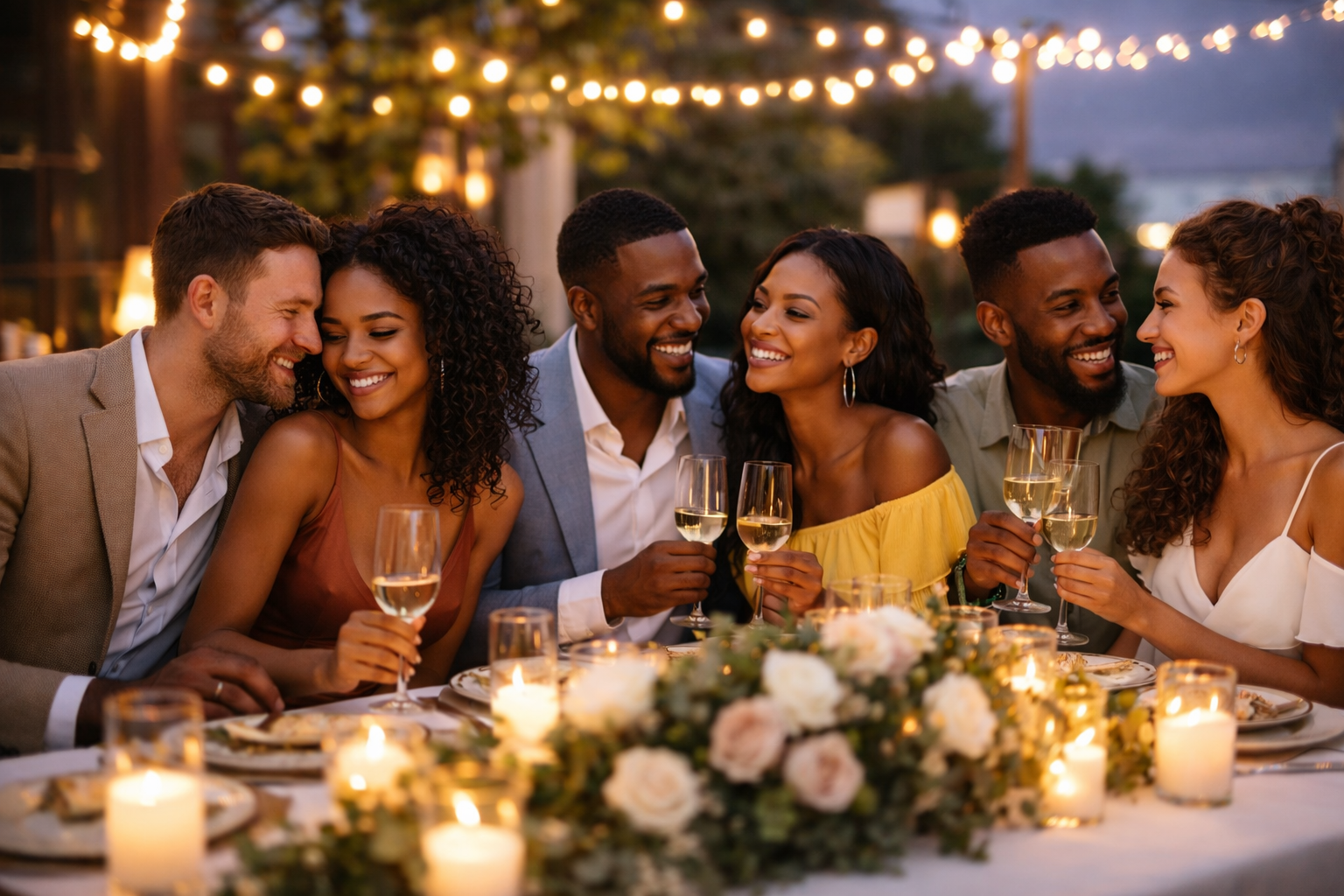 Group of six diverse friends smiling and sharing drinks at an outdoor evening celebration with string lights and floral centerpiece.