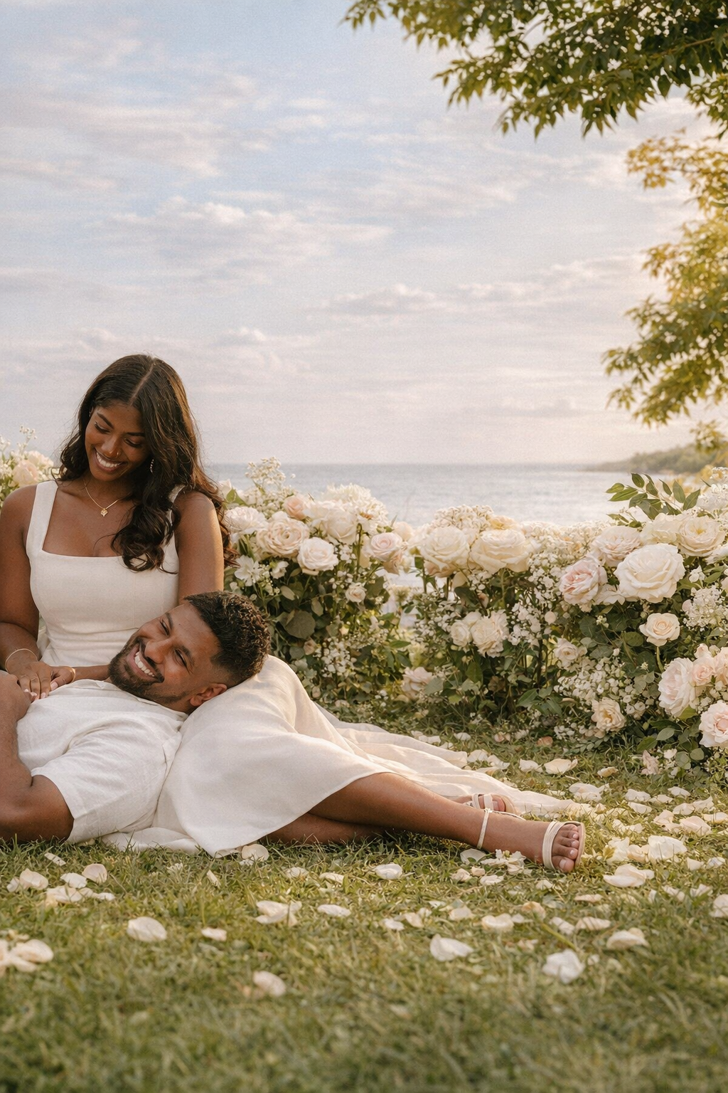A happy couple lying on the grass near the beach, surrounded by white and pale pink roses, during a sunset or late afternoon.