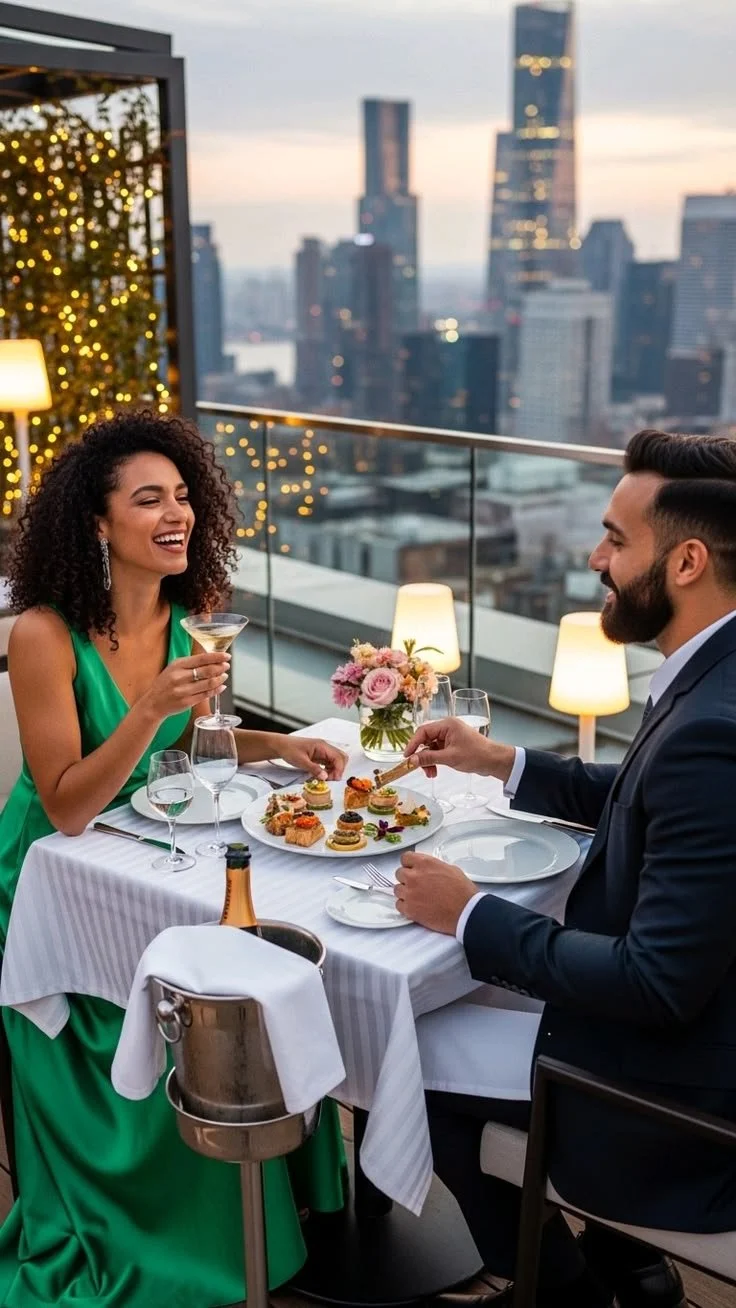 A woman and a man share a fancy dinner on a rooftop restaurant in a city with tall skyscrapers. The woman is wearing a green dress and holding a cocktail, smiling. The man is in a black suit, feeding her dessert. The table is decorated with a flower arrangement and has wine glasses, plates, and a bottle of champagne. There are small lamps and a Christmas tree with lights in the background.
