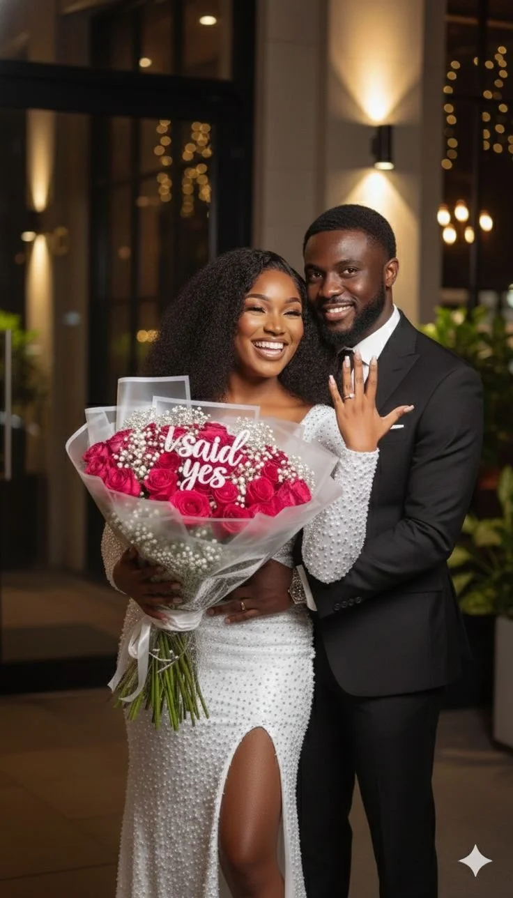 A happy couple at a celebration, with the woman holding a bouquet that says 'I said yes,' indicating an engagement or marriage proposal.