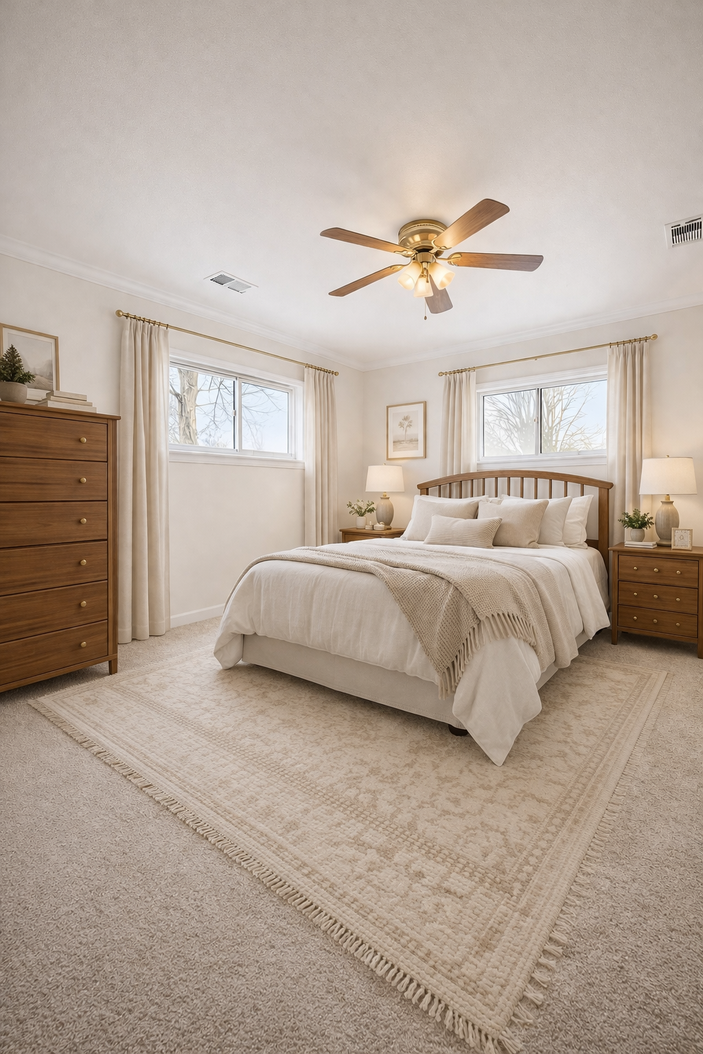 A cozy bedroom with a king-size bed, white bedding, beige pillows, and a knitted throw blanket. Wooden nightstands with lamps and plants, a wooden dresser, and framed artwork. Two windows with cream curtains, ceiling fan with lights, and a beige area