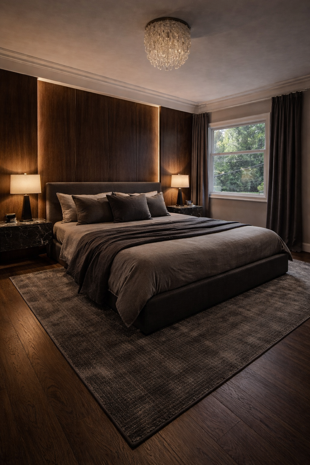 A bedroom with a dark bed, gray bedding, and multiple pillows. Two nightstands with lamps, a window with curtains, and a chandelier on the ceiling.