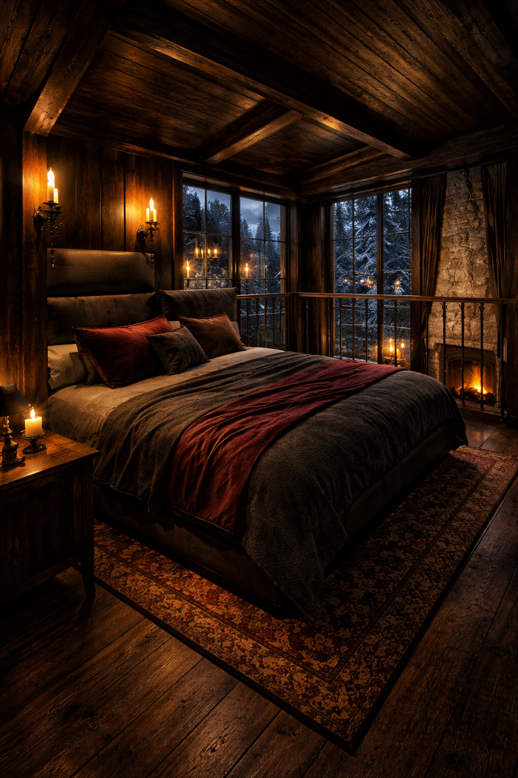Cozy bedroom with wooden walls and ceiling, lit by wall sconces and candles, featuring a large bed with dark bedding and red accents, large windows showing a snowy forest outside, and a stone fireplace.