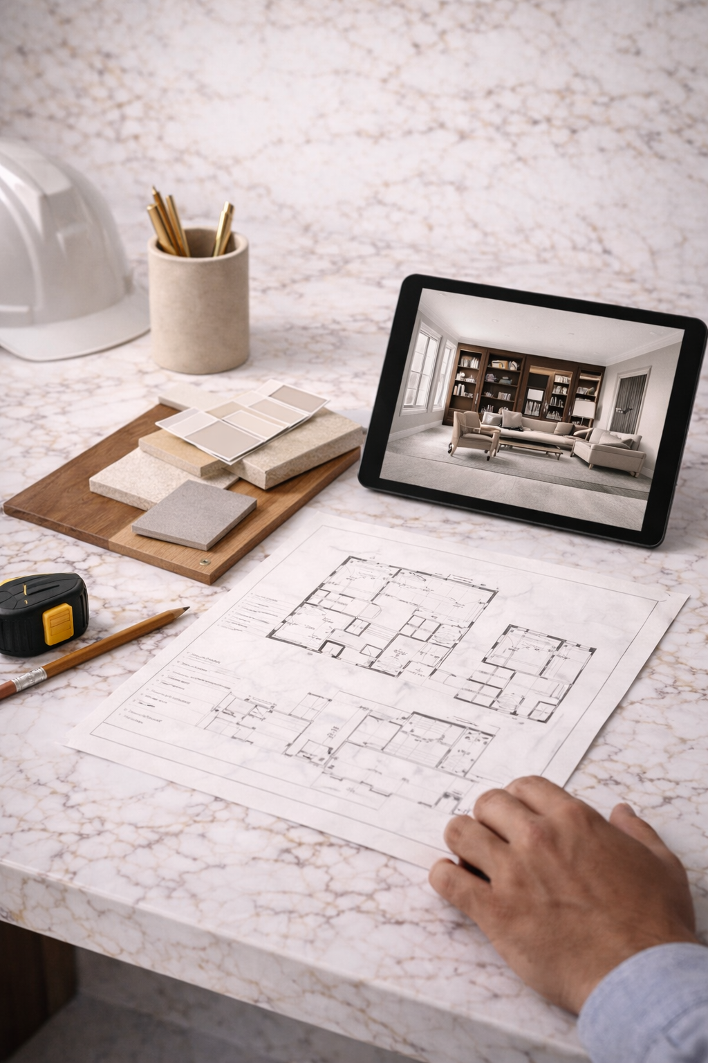Architectural blueprints on a marble table, with color swatches, a tablet showing a living room, a measuring tape, a pencil, and design tools.