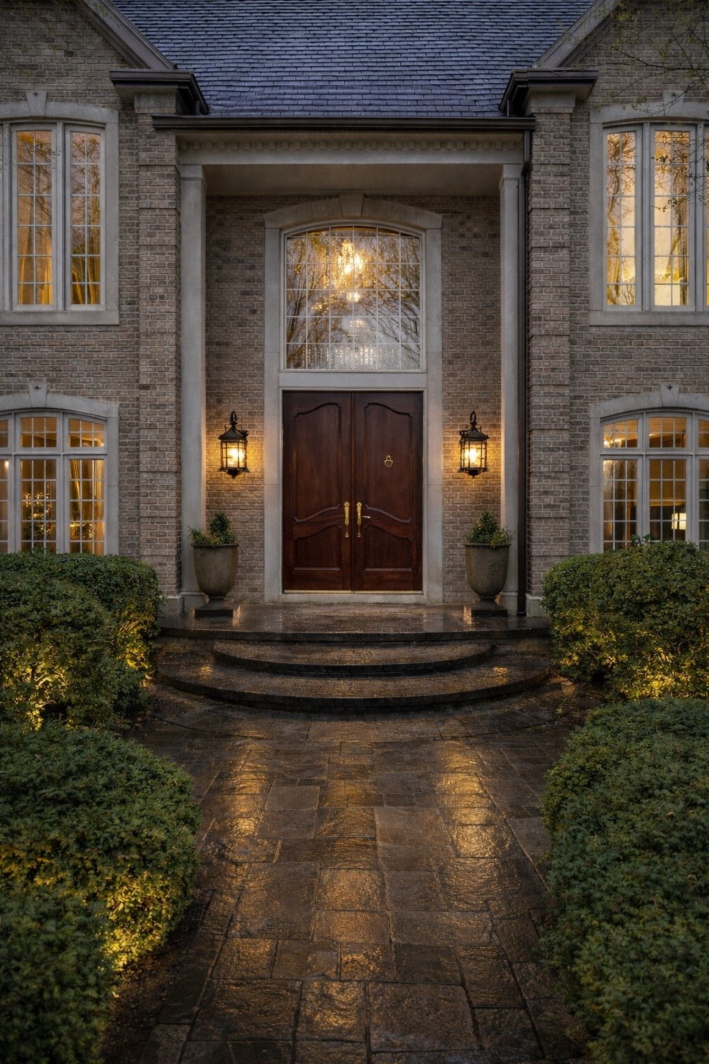 Front entrance of a large brick house with a double wooden door, two wall-mounted lanterns, two large planters with greenery, illuminated windows, and a wet stone pathway with shrubs on either side.