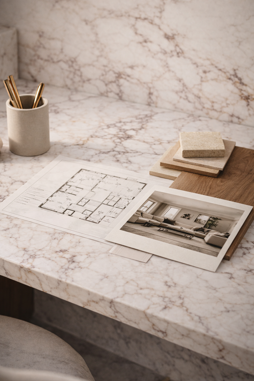 Design plans, color samples, and photographs of a living room layout on a marble table.