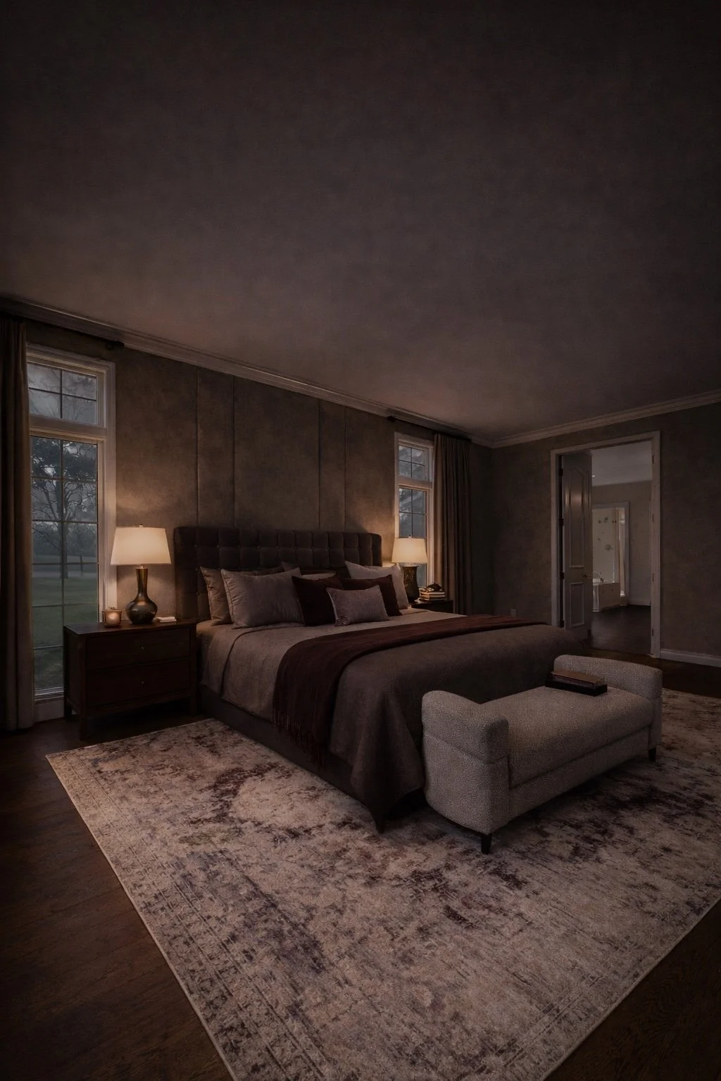 A dimly lit bedroom with a large bed, nightstands with lamps, an upholstered bench at the foot of the bed, and two windows showing an outdoor scene.