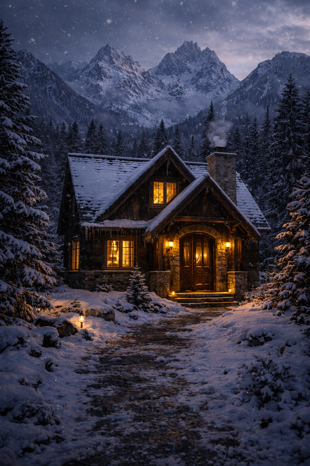 A cozy cabin illuminated from within, surrounded by snow-covered trees in a mountainous winter landscape at dusk, with snow-capped peaks in the background and snow falling gently.
