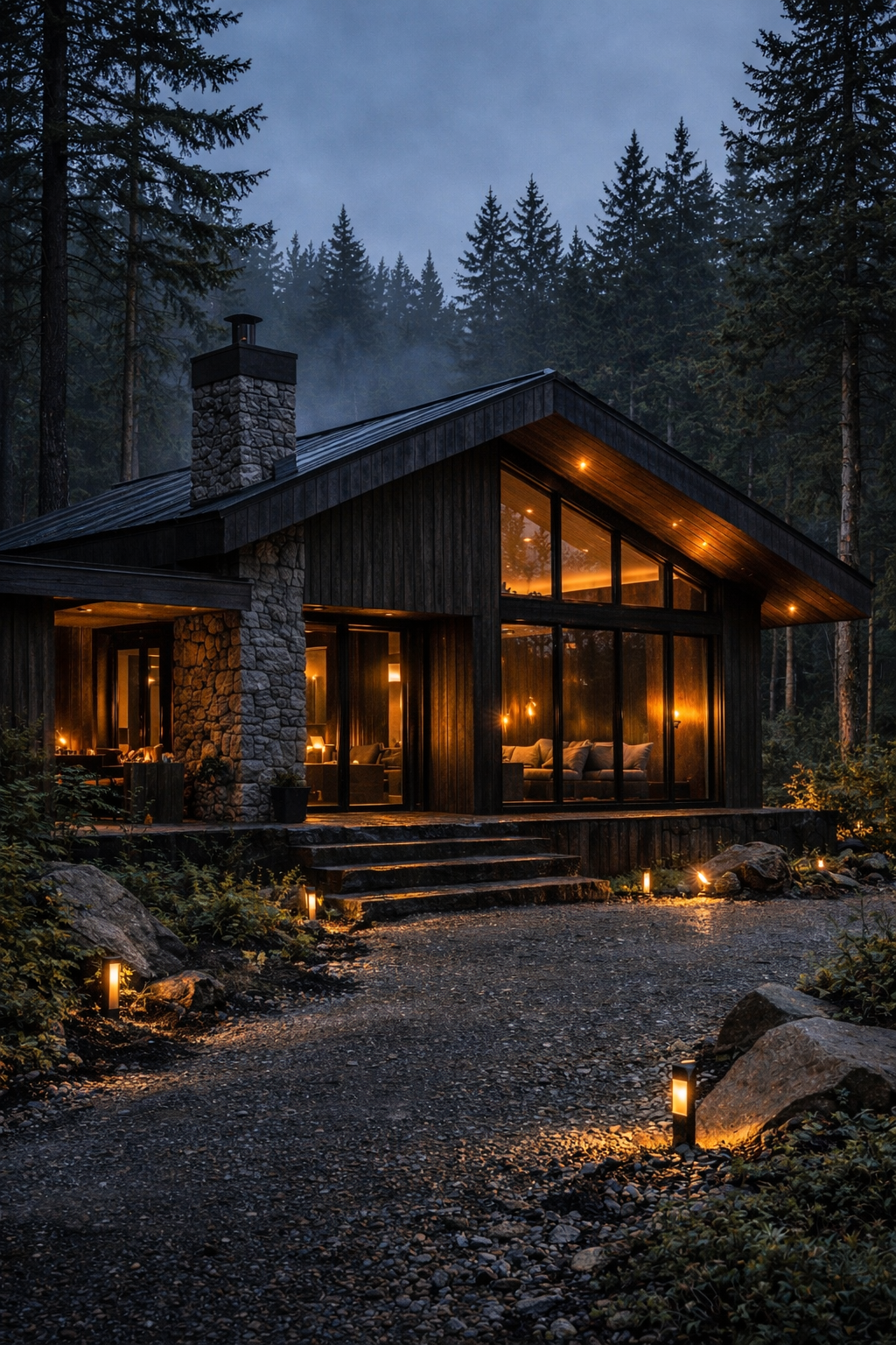 A cozy cabin with large glass windows glowing with warm interior lights, surrounded by tall pine trees, with outdoor lanterns and step lighting illuminating a rocky pathway leading up to it during dusk or evening.