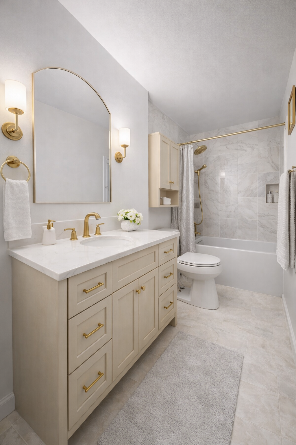 A modern bathroom with a white vanity, gold fixtures, a large mirror, wall-mounted lights, and a bathtub with a shower, white towels, and a gray rug.