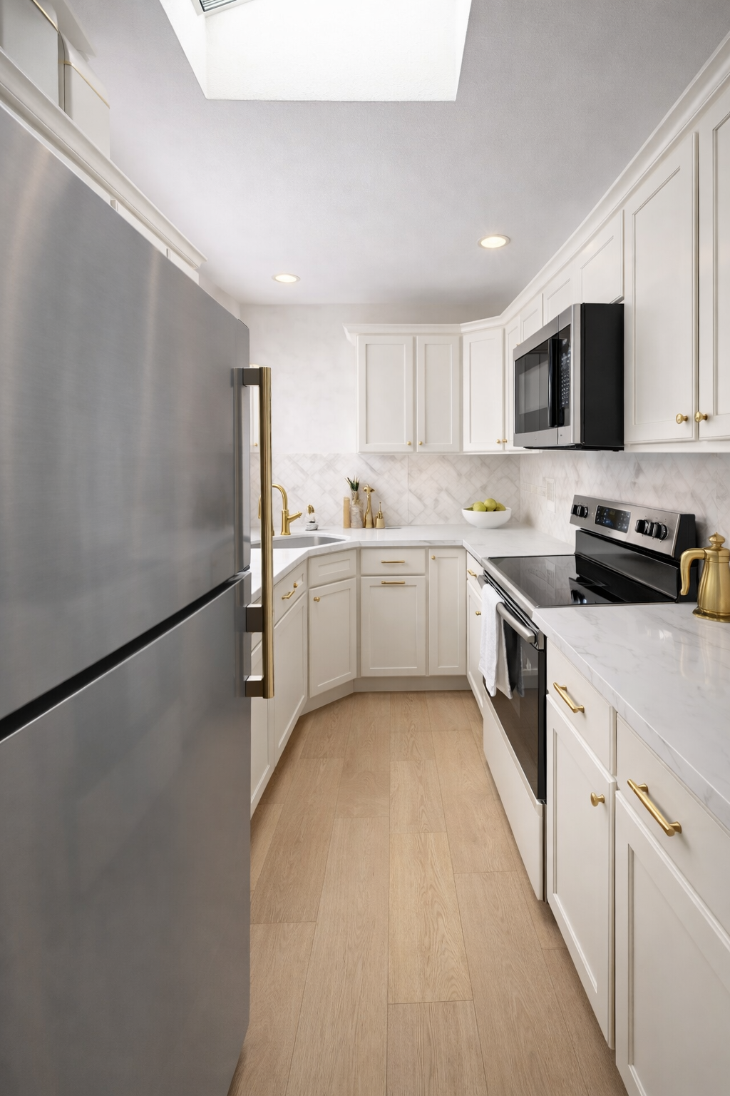 A modern white kitchen with gold hardware, black appliances, including a microwave and stove, wooden flooring, and decorative items on the countertop.