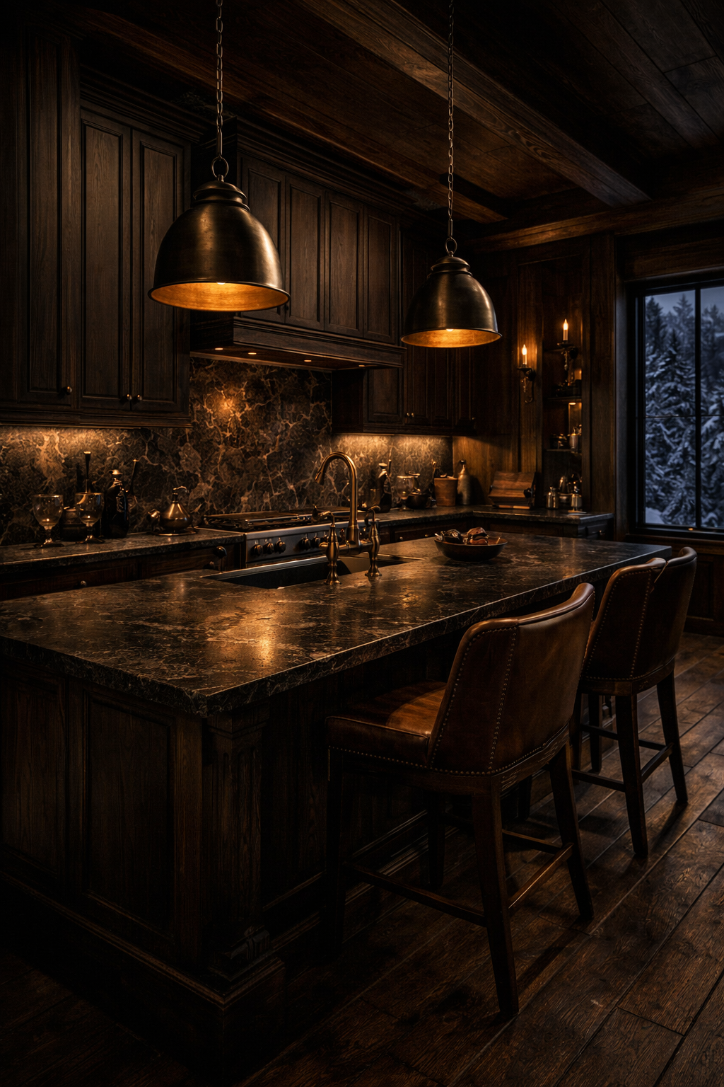 A dark, cozy kitchen with wooden cabinets, a marble countertop, and black pendant lights hanging above the counter. There's a window showing snow-covered trees outside.