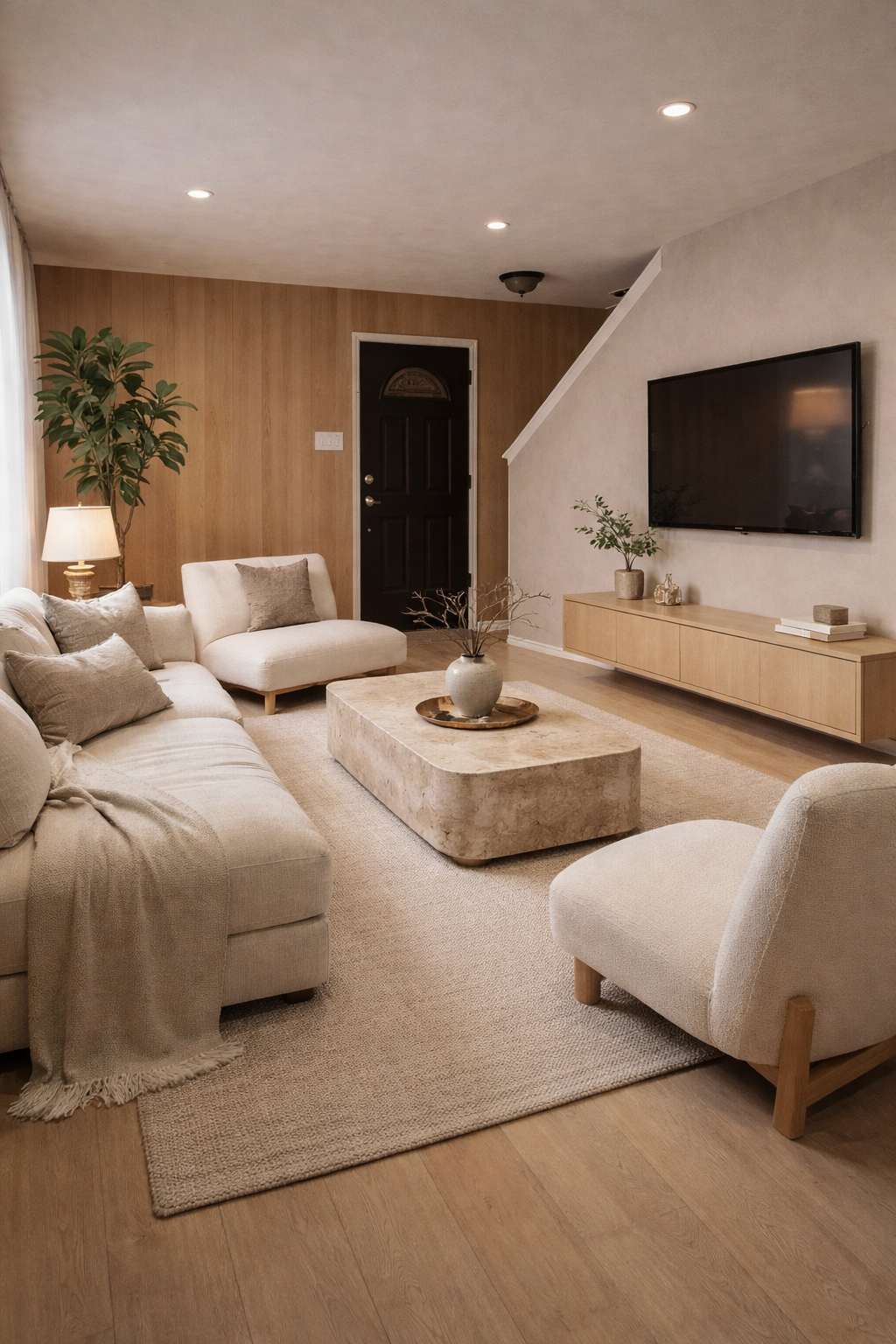 A cozy living room with beige sofas and chairs, a large stone coffee table, a flat-screen TV on the wall, a wooden TV stand, potted plants, a lamp, and decorative items, with a wood-paneled and light-colored wall.