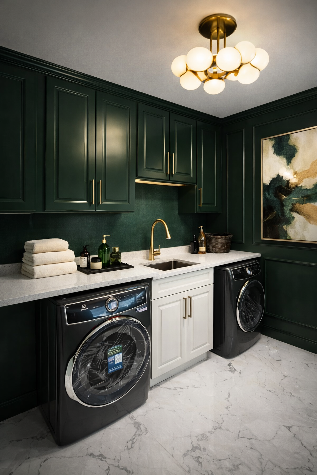 Modern laundry room with dark green cabinets, white countertop, and gold accents. Contains a sink, stacked towels, laundry supplies, and front-loading washing machines.