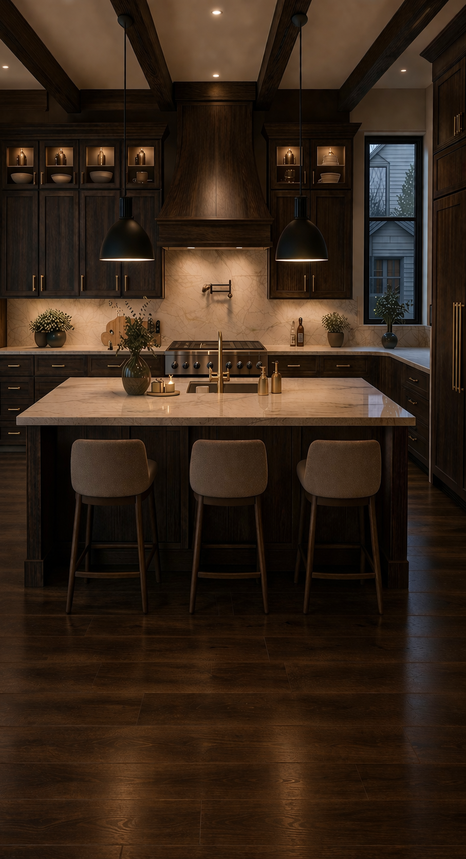 Modern kitchen with dark wood cabinetry, a large marble island with three beige chairs, and black pendant lights. There are plants and bottles on the counter, a window with a view of a house and trees outside, and a marble backsplash behind the stove