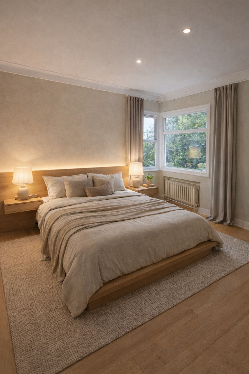 A bedroom with a large bed, beige bedding, and beige pillows, flanked by two nightstands with lamps. There are windows with beige curtains and a radiator underneath.