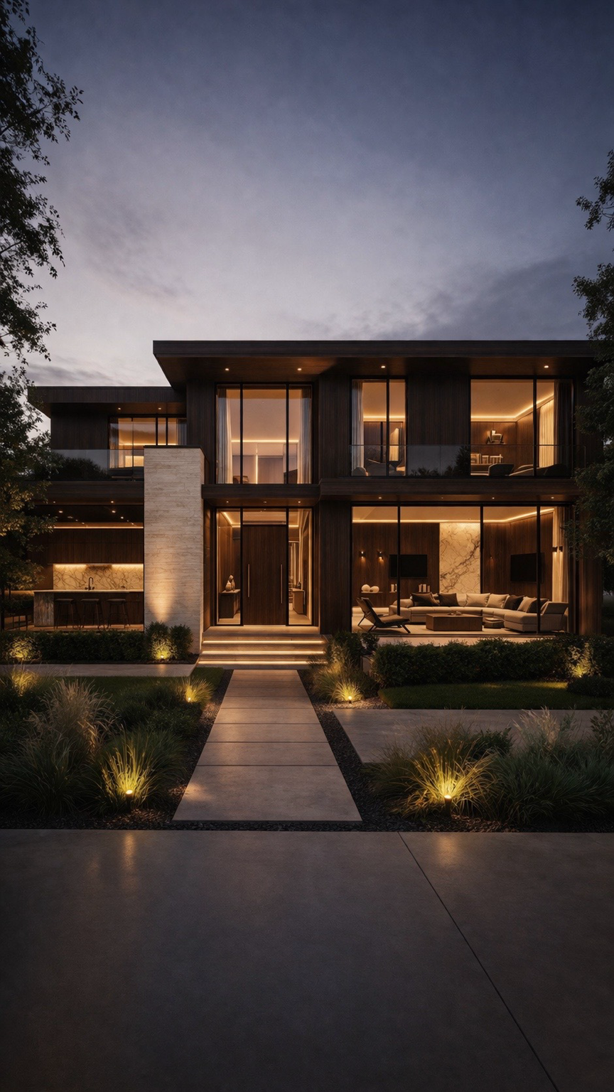 Modern two-story house with large glass windows and warm interior lighting, surrounded by landscaped garden at dusk.