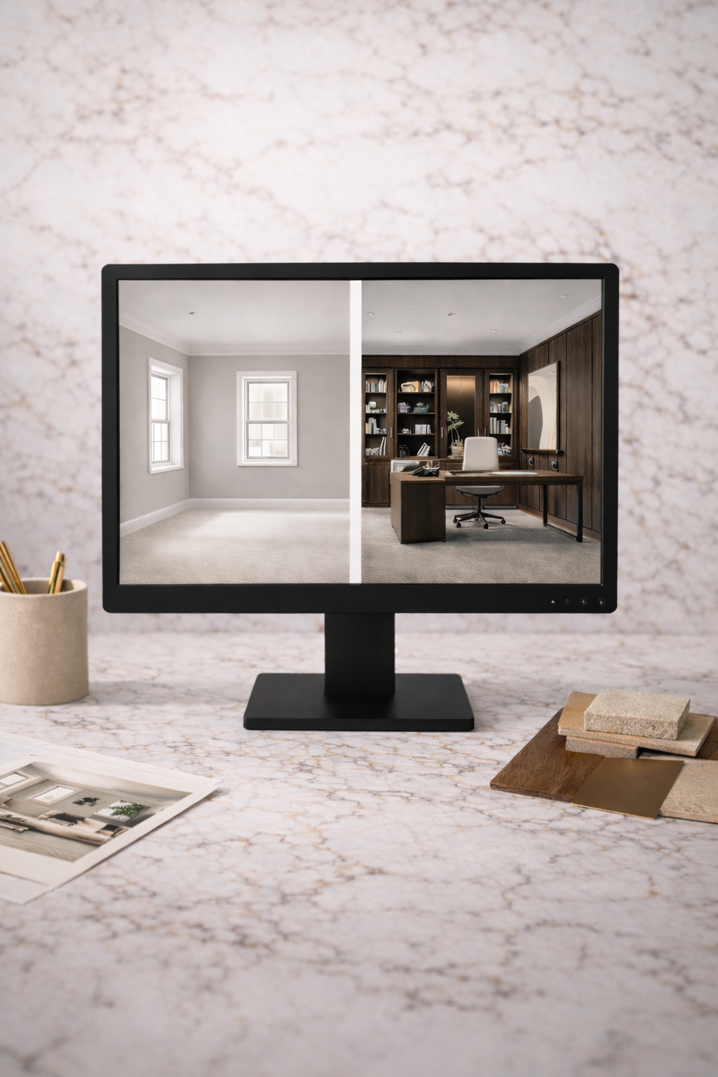 Computer monitor displaying a split-screen comparison: left side showing an empty, light gray room with two windows, right side showing a furnished office with dark wood furniture and bookshelves.